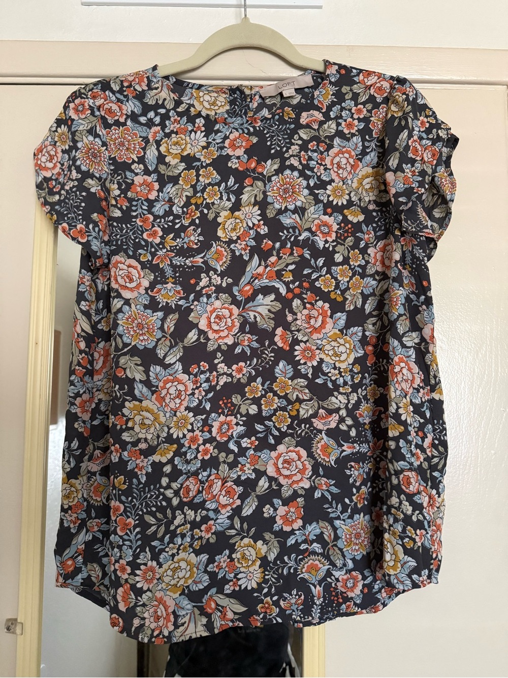 LOFT Navy Floral Ruffle-Sleeve Blouse